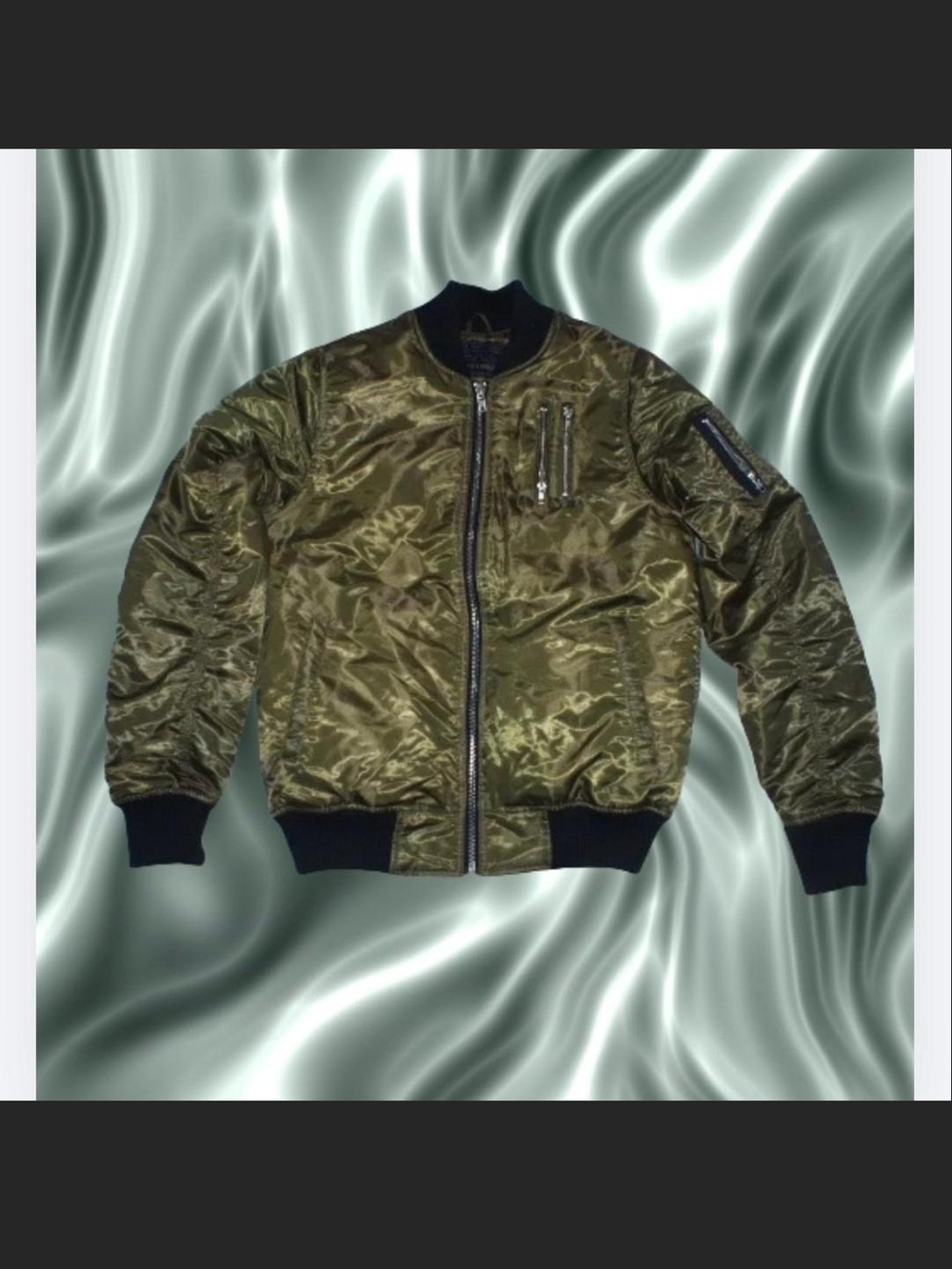 Men's Olive Green Bomber Jacket with Ribbed Trim